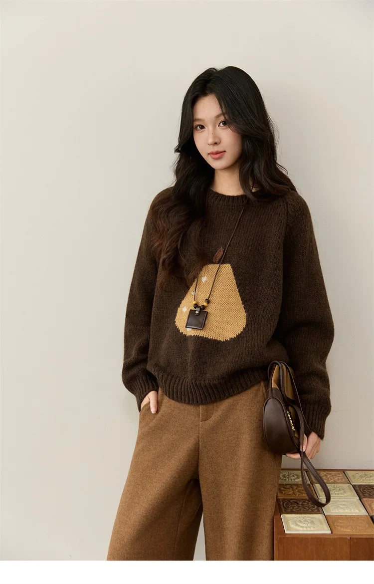 MISHOW Pear Pattern Jacquard Knitted Sweater Autumn Winter Crew Neck Loose Sweaters Wool Blend Warm Pullover Tops MXE94Z2959