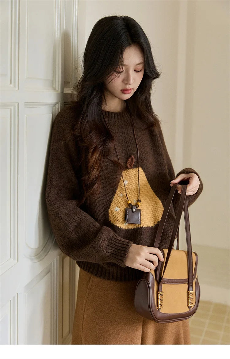 MISHOW Pear Pattern Jacquard Knitted Sweater Autumn Winter Crew Neck Loose Sweaters Wool Blend Warm Pullover Tops MXE94Z2959