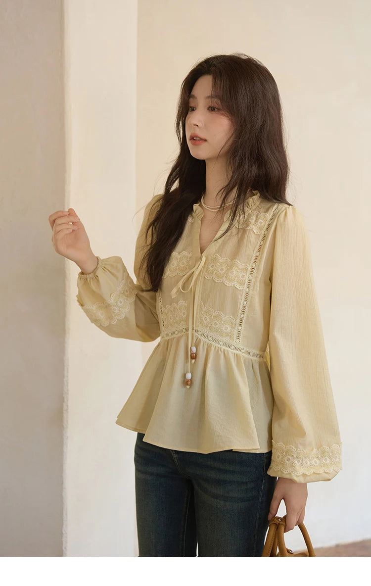 MISHOW French Thin V-neck Blouse 2025 Autumn Lace Patchwork Elastic Cuffs Top Bead Drawstring Lantern Sleeves Blouses MXE41X1925