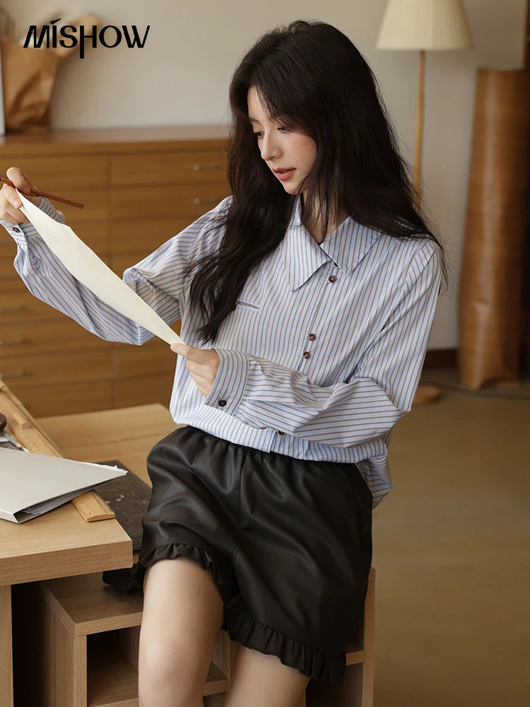 MISHOW Women's Striped Asymmetric Shirt 2025 Autumn New Arrival Vintage Loose Long Sleeve Tops Commuter Woman Clothes MXE42C2375