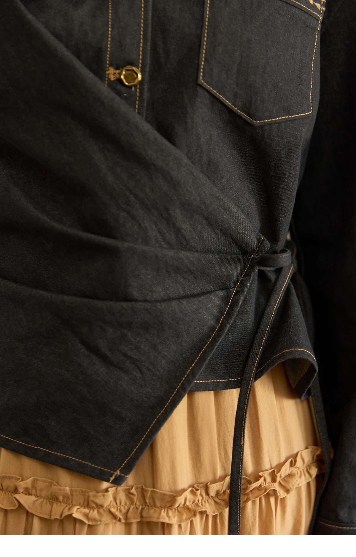 MISHOW Black Imitation Denim Shirt Side Lace-Up Lapel V-Neck MXE42C2374