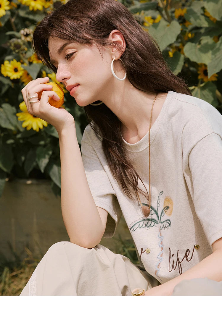 MISHOW Casual Summer Print Shirts Women 2025 Short Sleeve Round Neck Coconut Tree Straight T-shirts Woman Versatile MXE31T0520