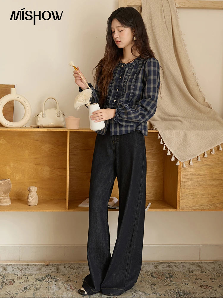 MISHOW Women's Vintage Blue Plaid Shirt 2025 Autumn New Elegant Luxury Loose Waist Shirts Round Neck Long Sleeved Top MXE45X2480