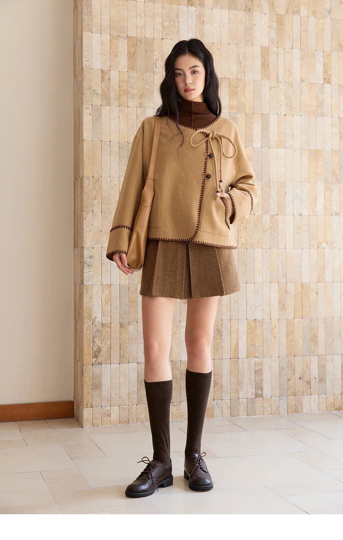 MISHOW Coat for Women 2025 Autumn Winter Khaki Asymmetrical Design Shell Flower Embroidery Lace-up Short Casual Coat MXE49W0854