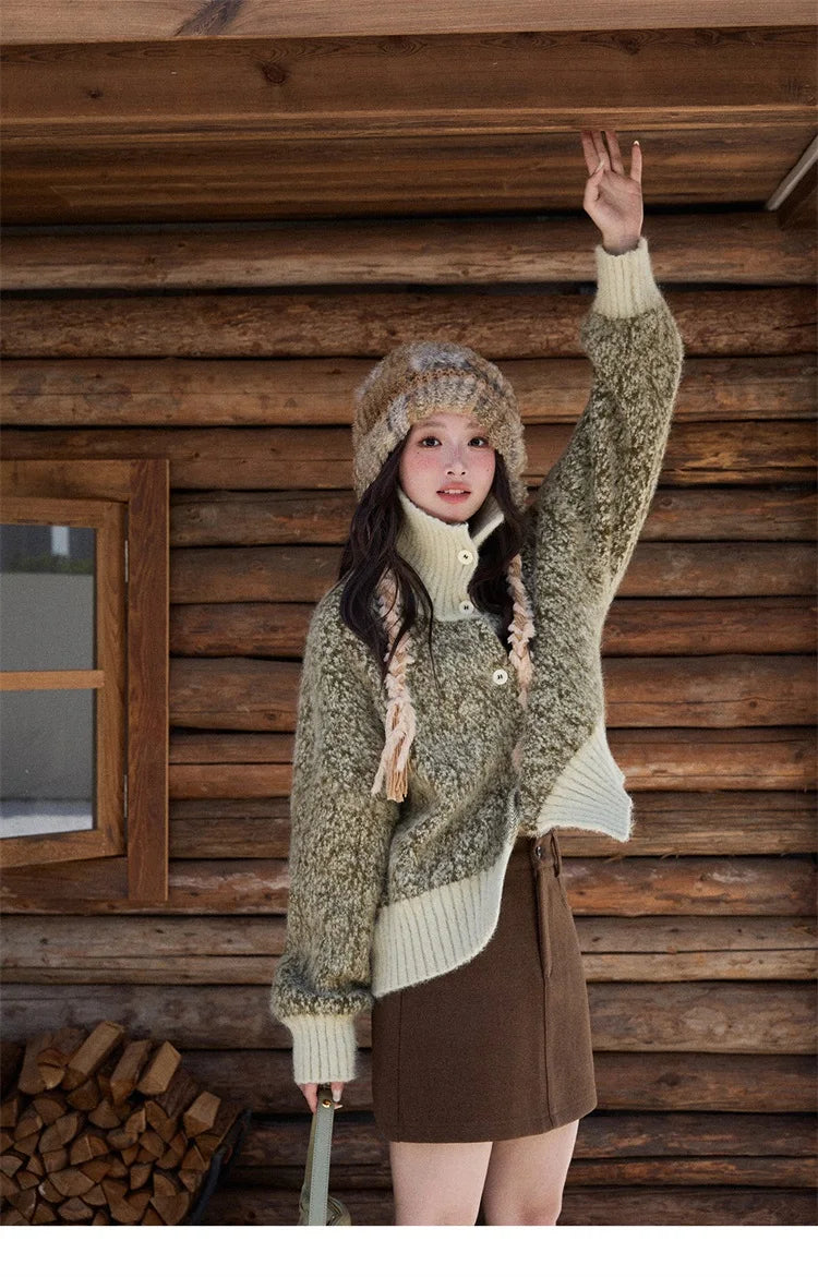 MISHOW Women's Green Retro Mottled Sweater Winter 2025 Casual Stand-up Collar Batwing Sleeves Knitted Cardigan tops MXE90Z2787