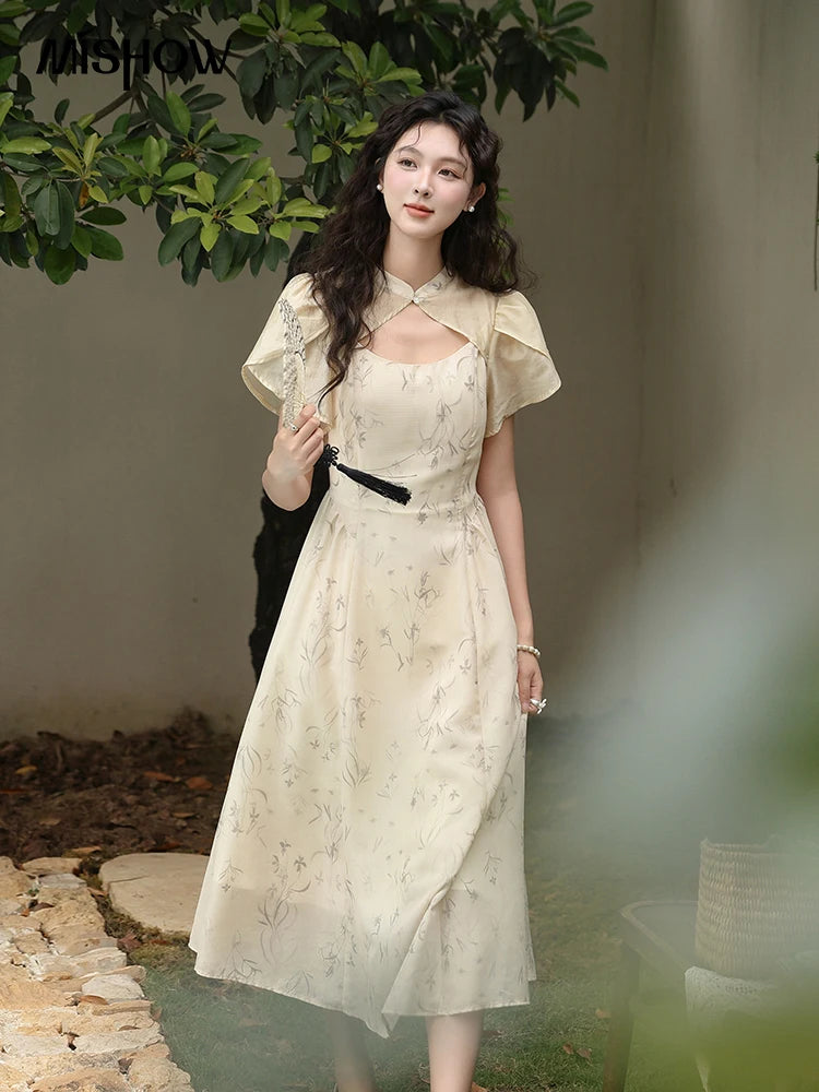 MISHOW Chinese Improved Cheongsam Floral Dress for Women 2024 Summer Hollow Out Fake Two-piece Printed Chiffon Dress MXD23L1799