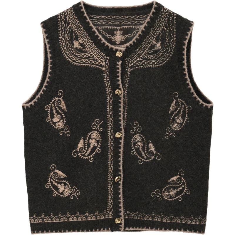 MISHOW Patterned Embroidered Vest for Women 2025 Retro Crew Neck Sleeveless Knitted Vest Commute Women's Winter Vest MXE86Z2745