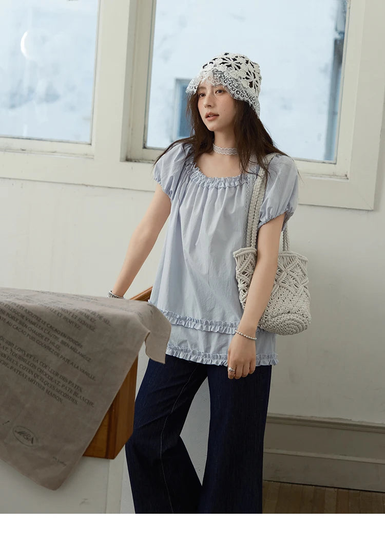 MISHOW Women's Fashion Puff Sleeve Blouse 2025 Summer Casual O-Neck Edible Tree Fungus Spliced Top Female Clothing MXE39X1929