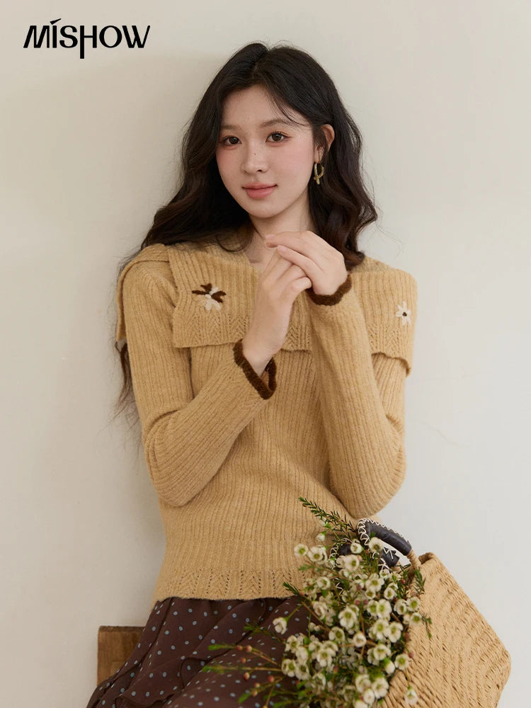 MISHOW Women's Yellow Ribbed Knit Sweater 2026 Spring One Shoulder Collar Floral Embroidery Long Sleeve Thin Sweaters MXF11Z2894