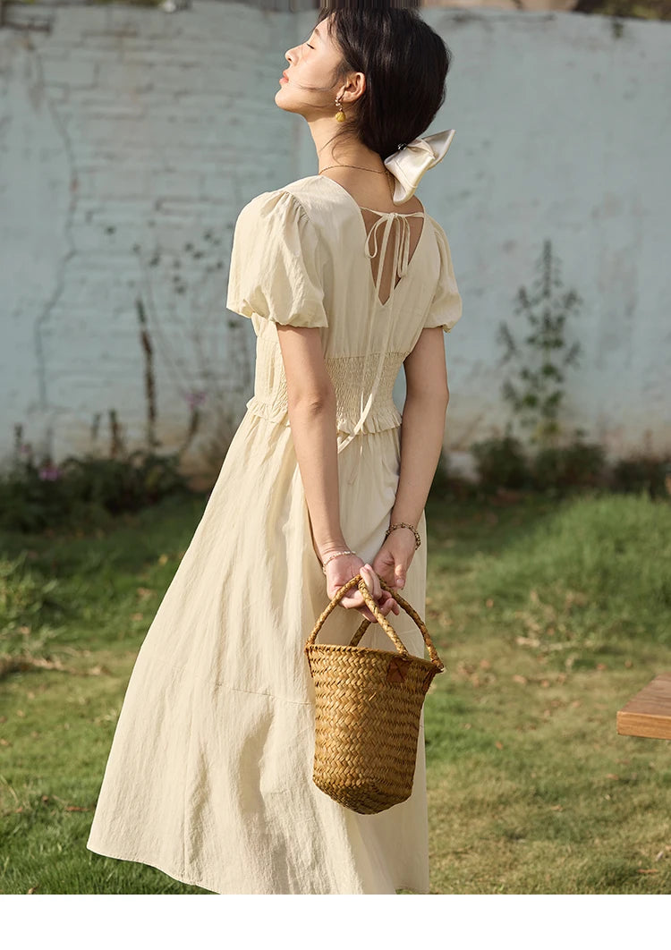 MISHOW French Summer Dresses Women 2025 New Short Puff Sleeve V-neck Solid Cotton Blended Dress Female Slimming MXE34L2288