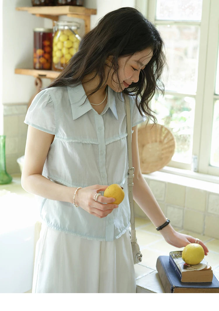 MISHOW Women's Turn-down Collar Button Casual Shirt 2025 Summer New Ladies Wear Edge Splicing Commut Short Sleeve Top MXE39C2363