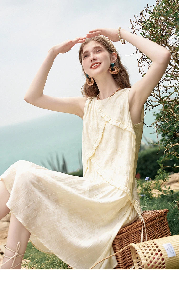 MISHOW French Sleeveless Suspender Dress for Women Summer Round Neck Auricularia Auricula Edge Lace-up Vest Dresses MXD26L1821