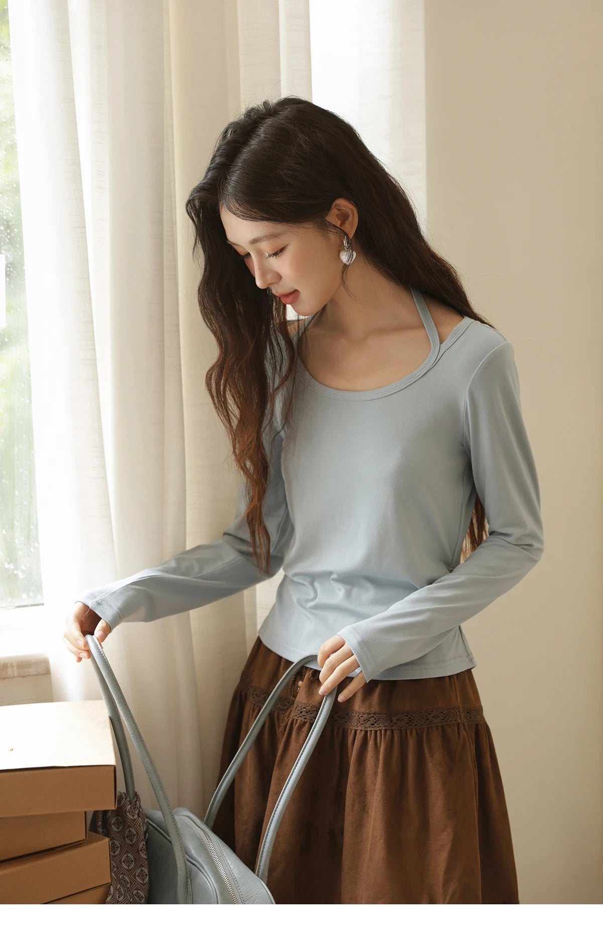 MISHOW Elastic Knitted T-shirts for Women Autumn 2025 Hanging Neck Strap Tees Pleated Waist Slim Long Sleeved Top MXE42T0720