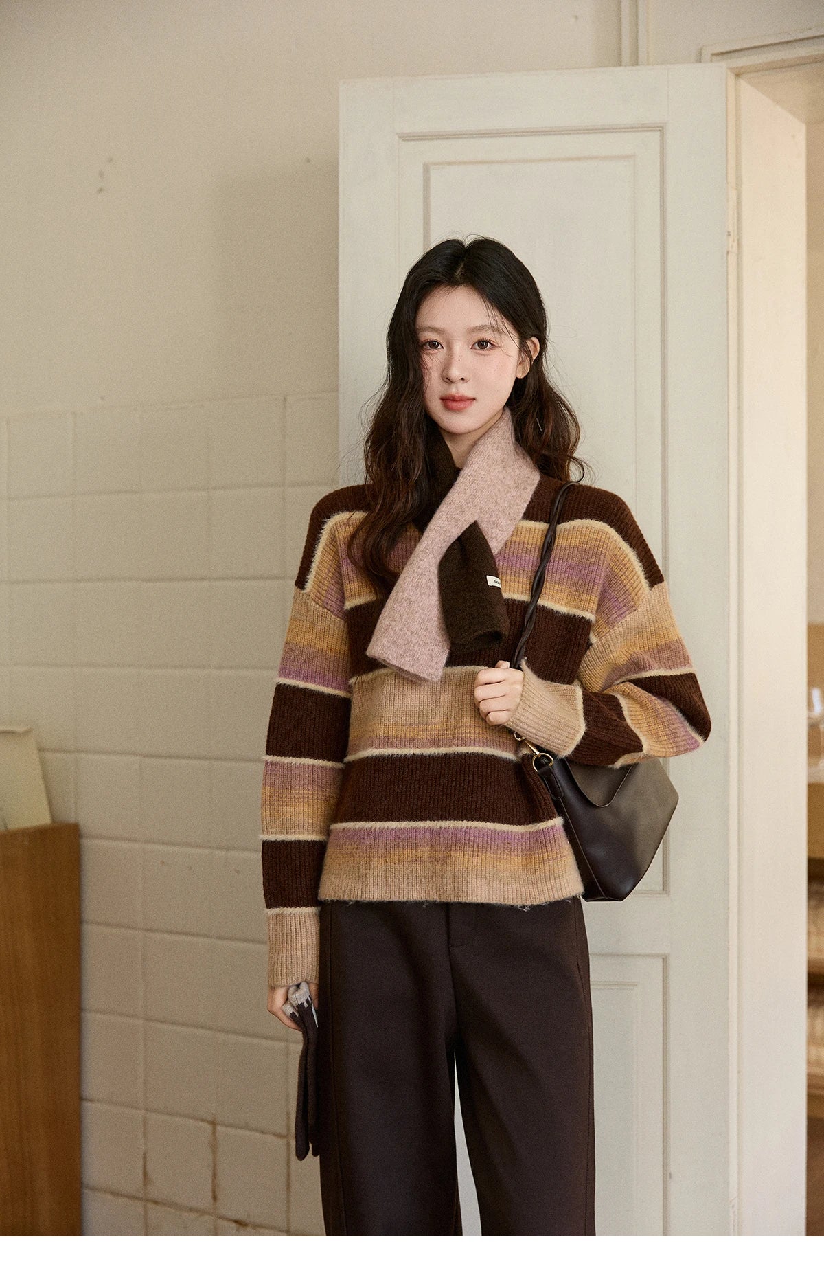 MISHOW Women's French Striped Gradient Sweater 2025 Winter Faux Mink Fleece Sweater Thick Casual Warm Knitted Top MXE94Z2891