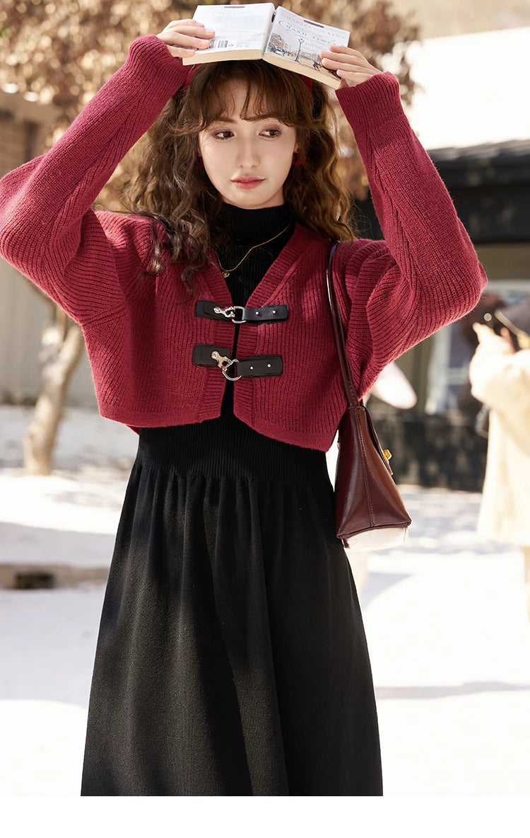 MISHOW Knitted Dress Solid Cardigan Separately Women Winter V Neck Sweater Midi A-line High Waist Dress Short Tops MXC59L1646