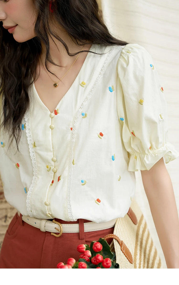 MISHOW 100% Cotton Women's Puff Short Sleeve Shirt 2025 Summer New Square Neck Blouse Embroidered Lace Patchwork Tops MXD22X1420