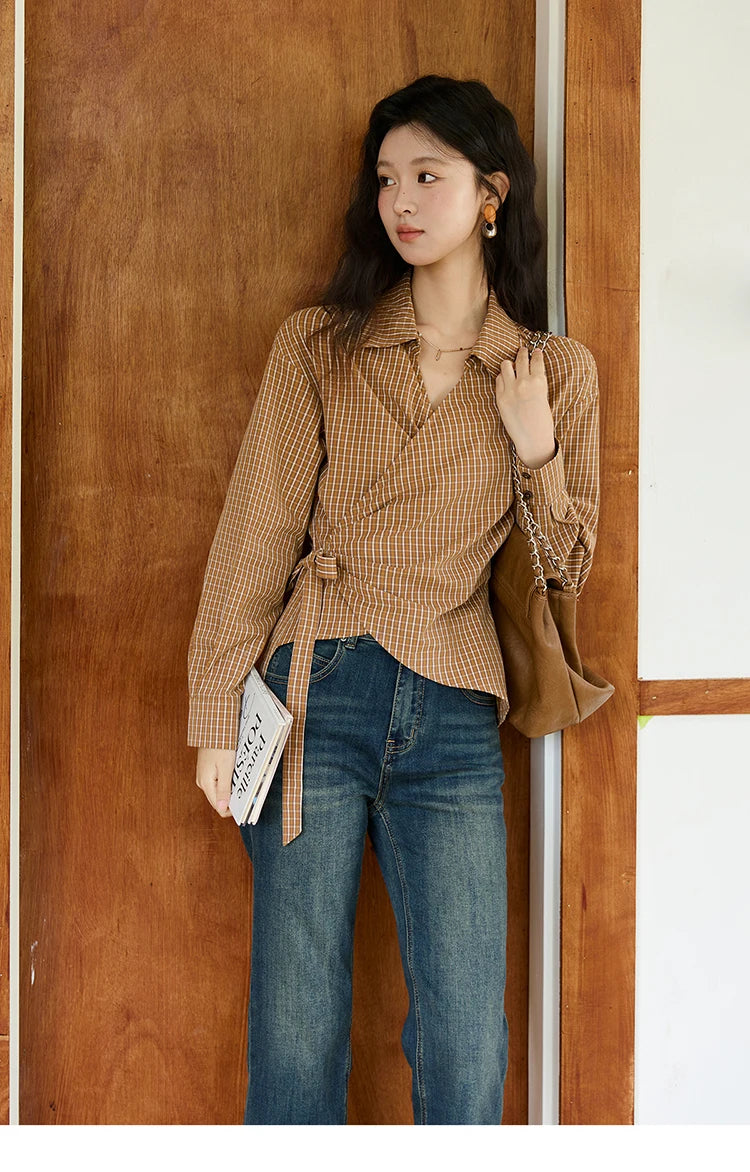 MISHOW Women's 100 Cotton Dark Orange Plaid Shirt  Autumn Design Side Waist Lace-up Long Sleeved Shirts Office Lady MXE46X2494