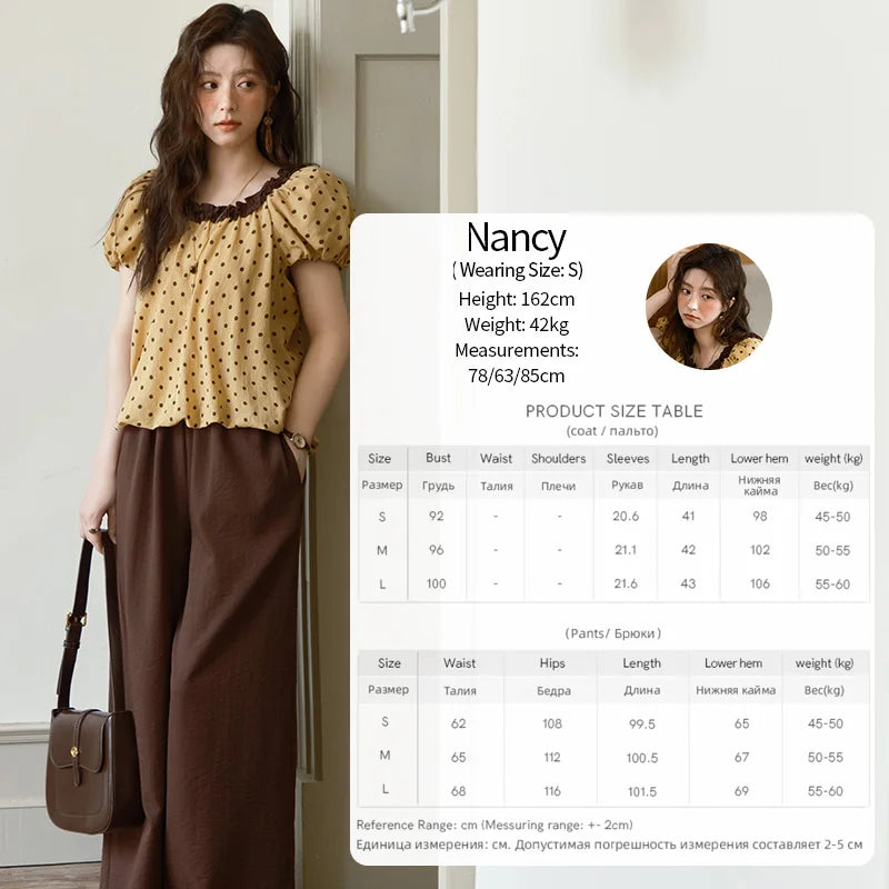 MISHOW 2025 Summer Women's Two Piece Set Polka Dot Puff Sleeve Top Casual Pocket Wide Leg Pants Set Female Clothing MXE39T0657