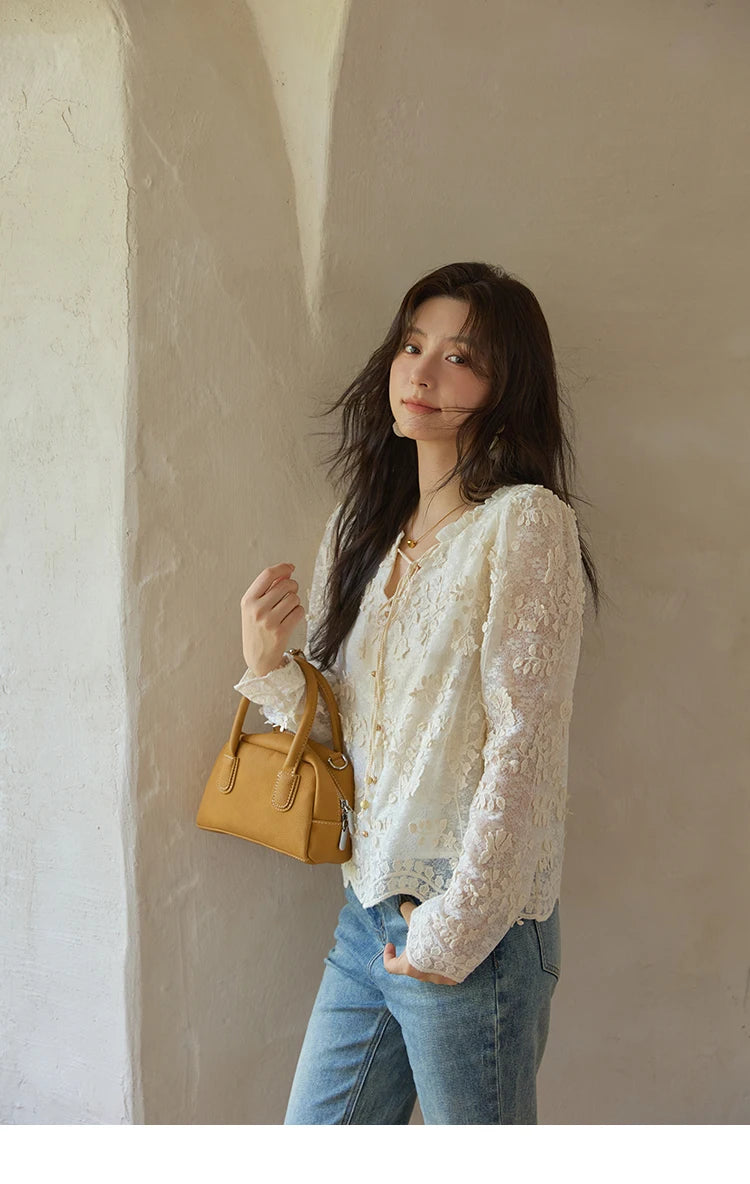 MISHOW Apricot Lace Jacquard Embroidered Shirt 2025 Autumn Black Fungus Edge Lace-up Vintage Commuter Top Office Lady MXE41X1927