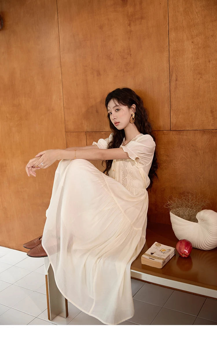 MISHOW Women's French Hollowed Out Embroidery Dress 2024 Summer Elegant Slim Fairycore Dress Waist Mid Length Dresses MXD31L1981