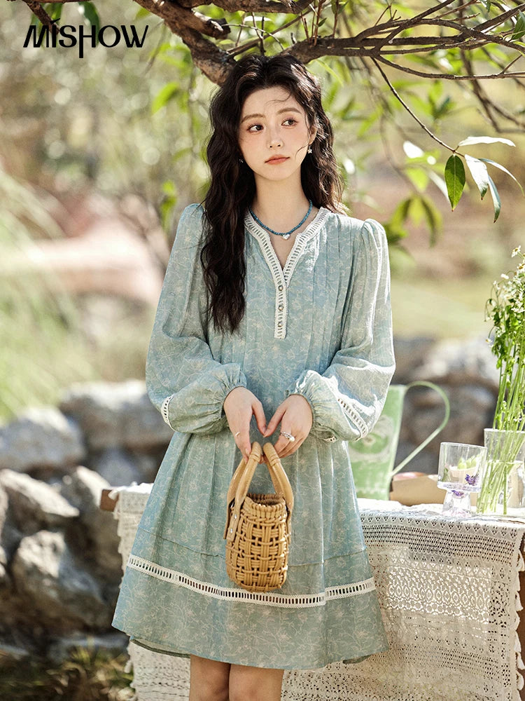 MISHOW Chiffon Printed Dress for Women Spring 2025 French V-neck Hollowed Out Lace Patchwork Medium Length Dresses MXE12L2096