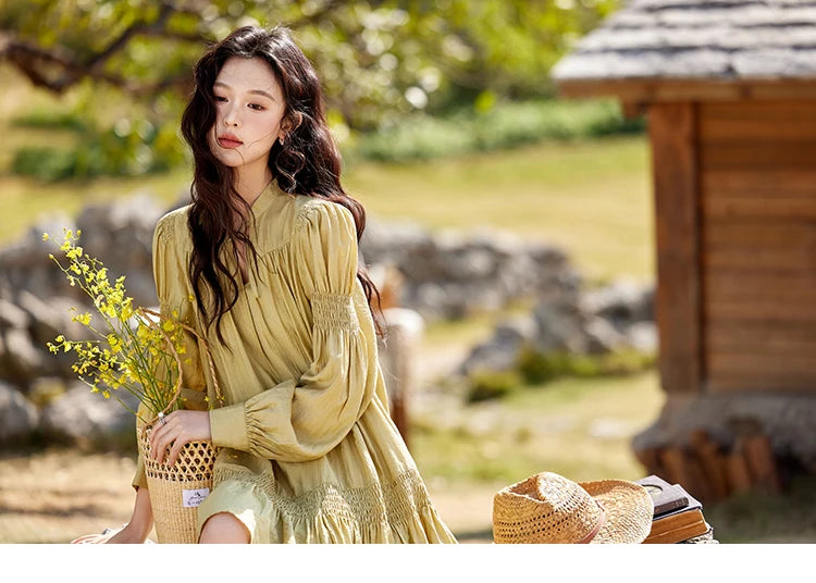 MISHOW Folded Lace Up Dress for Women Spring 2025 Solid V-neck Loose Chiffon Doll Dress Puff Sleeve Knee-Length Dress MXE11L2113