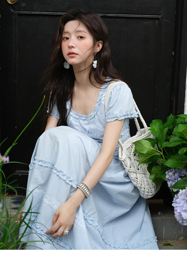 Mishow Blue Lace Mushroom Edge Puff Sleeve Dress MXE38L2348