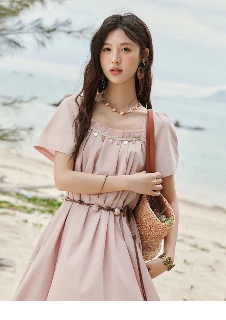 MISHOW Bohemian Pink Women‘s Summer Dresses Women 2025 Short Sleeve Square Collar with Belt Dress Lady New Fashion MXE33L2158