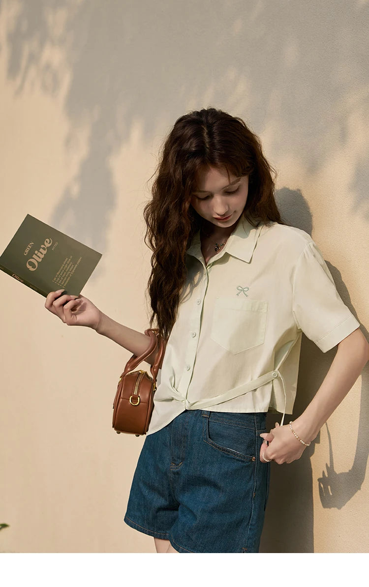 MISHOW Same Color Bow Embroidered Shirt Summer 2024 Lapel Collar Asymmetric Hem 100 Cotton Casual Short Sleeved Top MXD23C0257