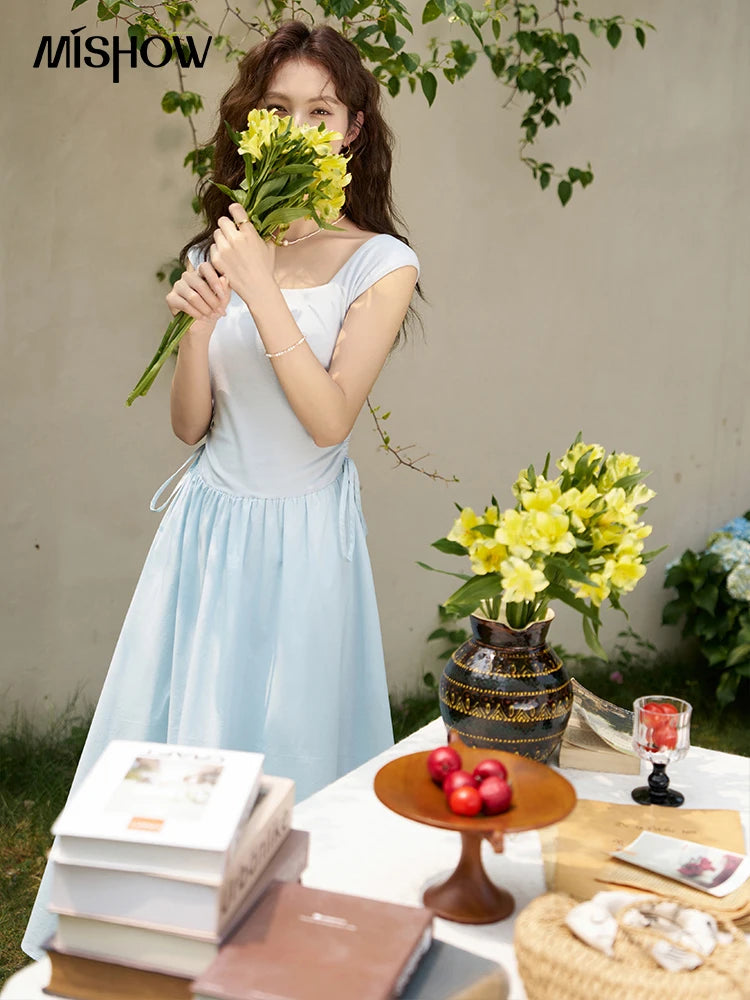 MISHOW Square Neck Patchwork Knitted Long Dress Summer 2024 Minimalist High Waist Side Drawstring Waist Slim Dresses MXD23L1818