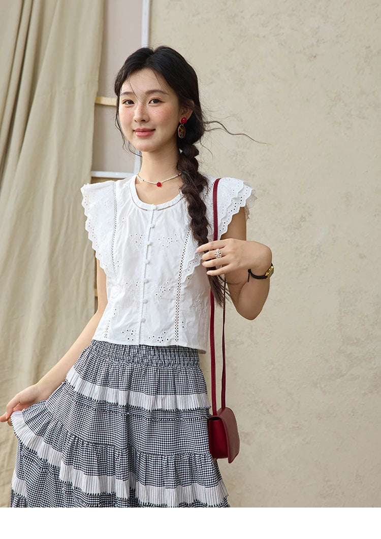 MISHOW Flying Sleeve Cotton Blouse Hollow Lace Slim Waist MXE36X1844