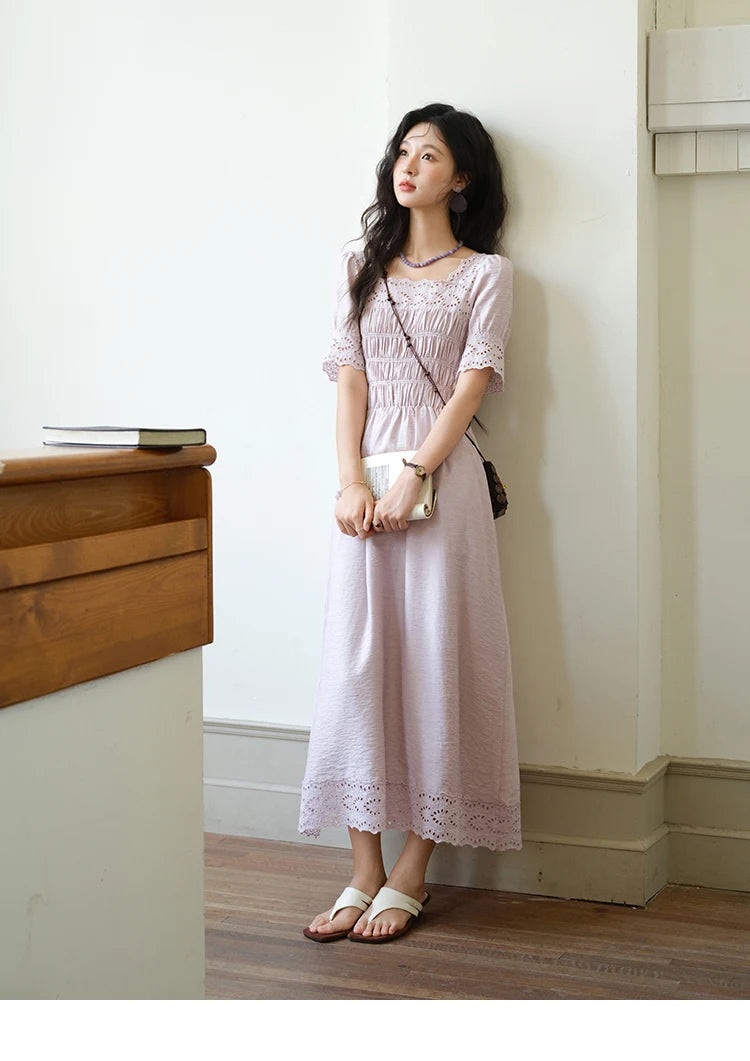 MISHOW Puff Sleeve Dress for Women 2025 Summer New Square Neck Fashion Lace Hollow Purple Dresses Female Clothing MXE39L2406