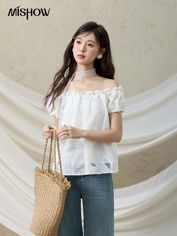MISHOW French Summer Shirts Women New 2025 Slash Neck Short Sleeve Solid Lace Blouses Female Fashion Slim Tops Lady MXE35X1775