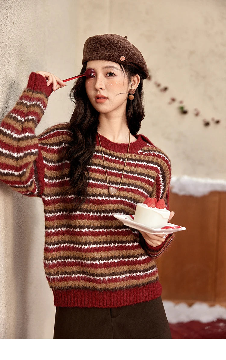 MISHOW Christmas Retro Striped Wool Blend Sweater Women Button Decoration Women Clothing Thick O-Neck Knitted Tops MXD59Z1060