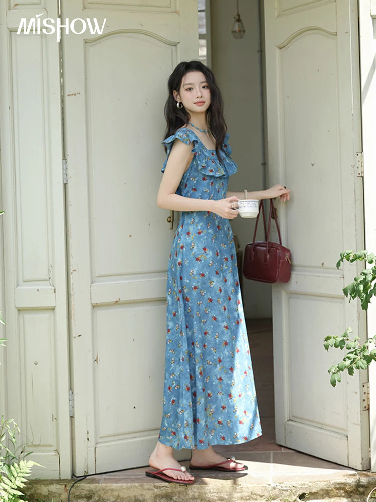 MISHOW Women's Fashion V-neck Ruffled Floral Dress Summer 2025 Flying Sleeve Waist Lace Up Casual Vacation Dresses MXE39L2436