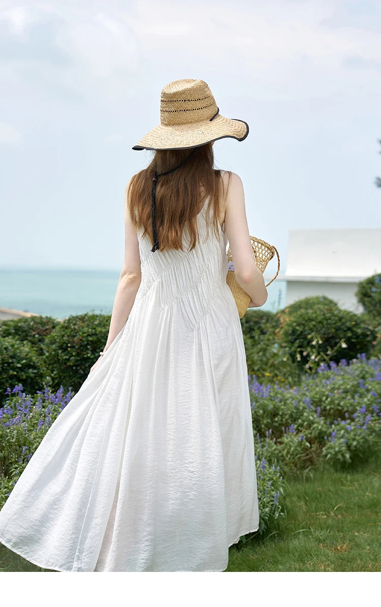 MISHOW French Retro Pleated Upper Suspender Dress for Women 2024 Summer Vacation Sleeveless Solid Mid Length Dresses MXD26L1939