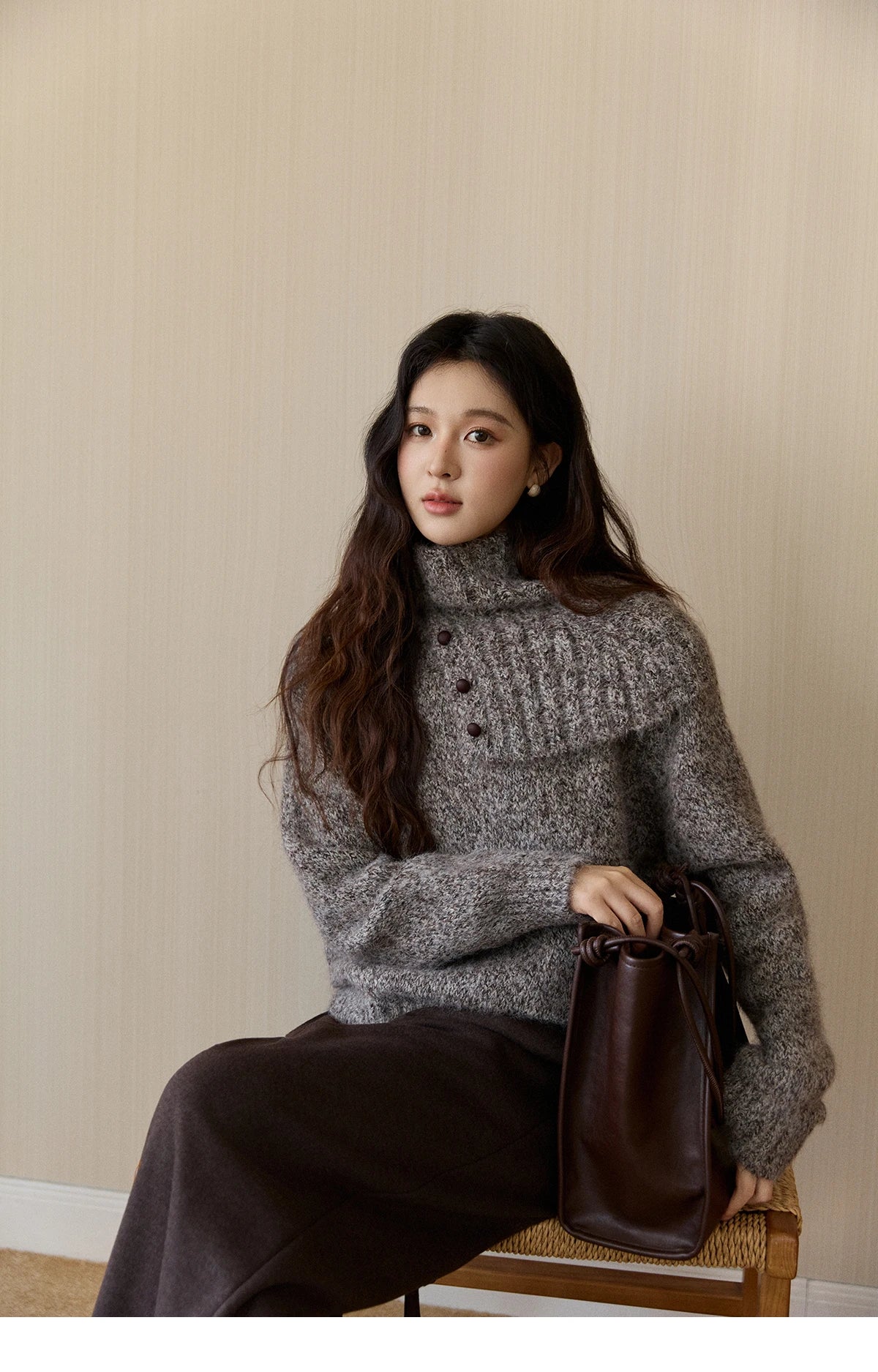 MISHOW Women's Gray Knit Sweater with Neckwear Scarf 2025 Winter Textured Button Decor Loose Warm Pullover Sweater MXE94Z2978