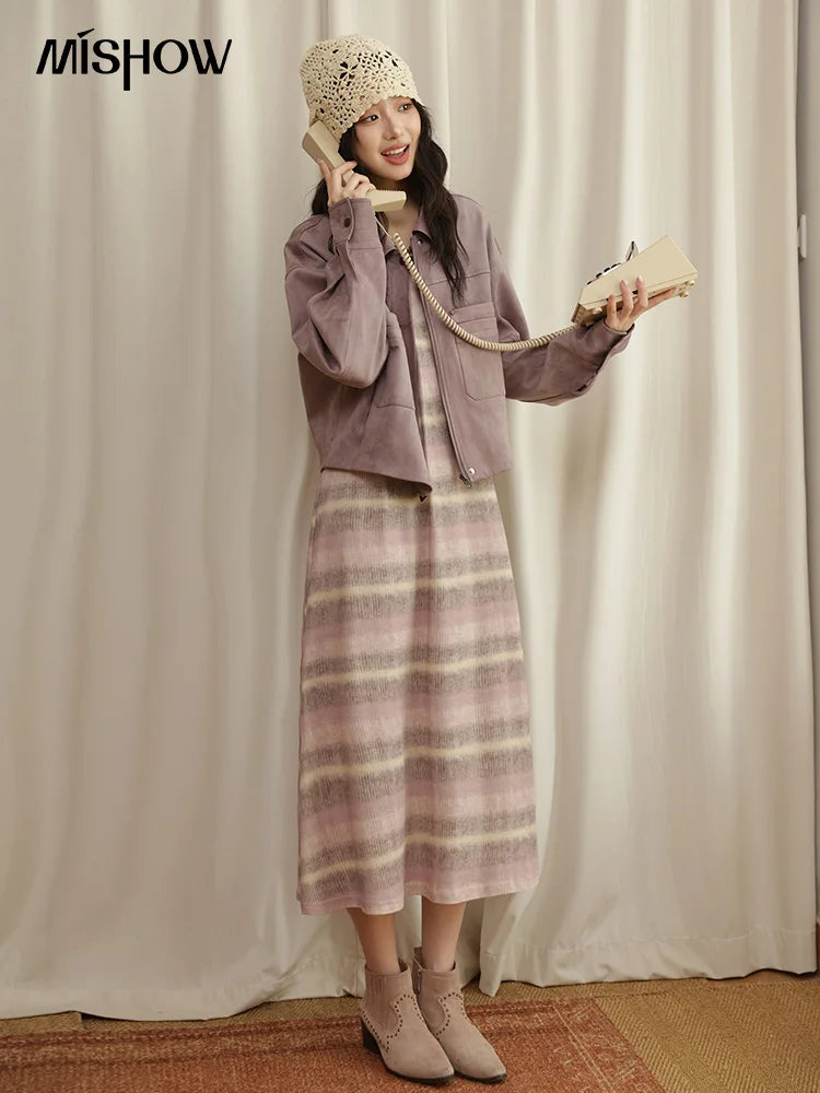 MISHOW Pink Purple Striped Sleeveless A-Line Dress MXE44Z1368