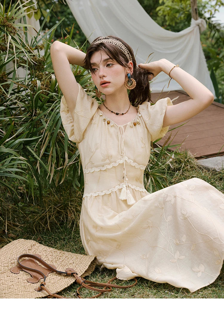 MISHOW Print Office Lady Dress Women Summer 2025 Short Sleeve Round Neck Beaded Neckline Slim Waist Dresses Female MXE33L2208