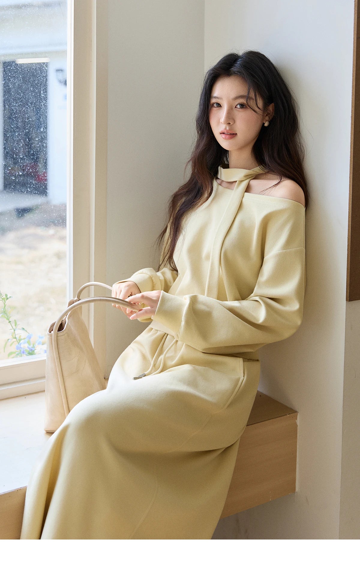 MISHOW Women's Light Yellow Two-Piece Set Asymmetrical Off-shoulder Pullover Top Rear Fork Midi Skirt Set with Ribbon MXE11T1489