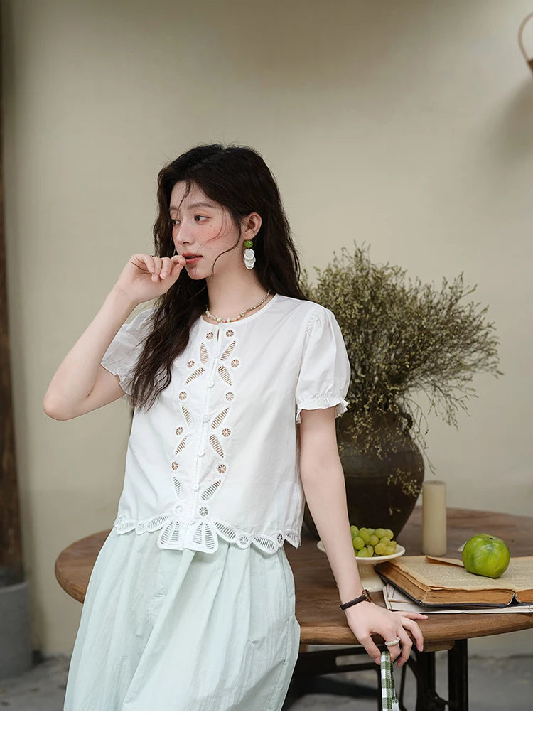 MISHOW 100%Cotton Hollow Embroidery Round Neck Shirt for Women 2025 Summer Puff Sleeve Casual Top Women's Clothing MXE39X1938