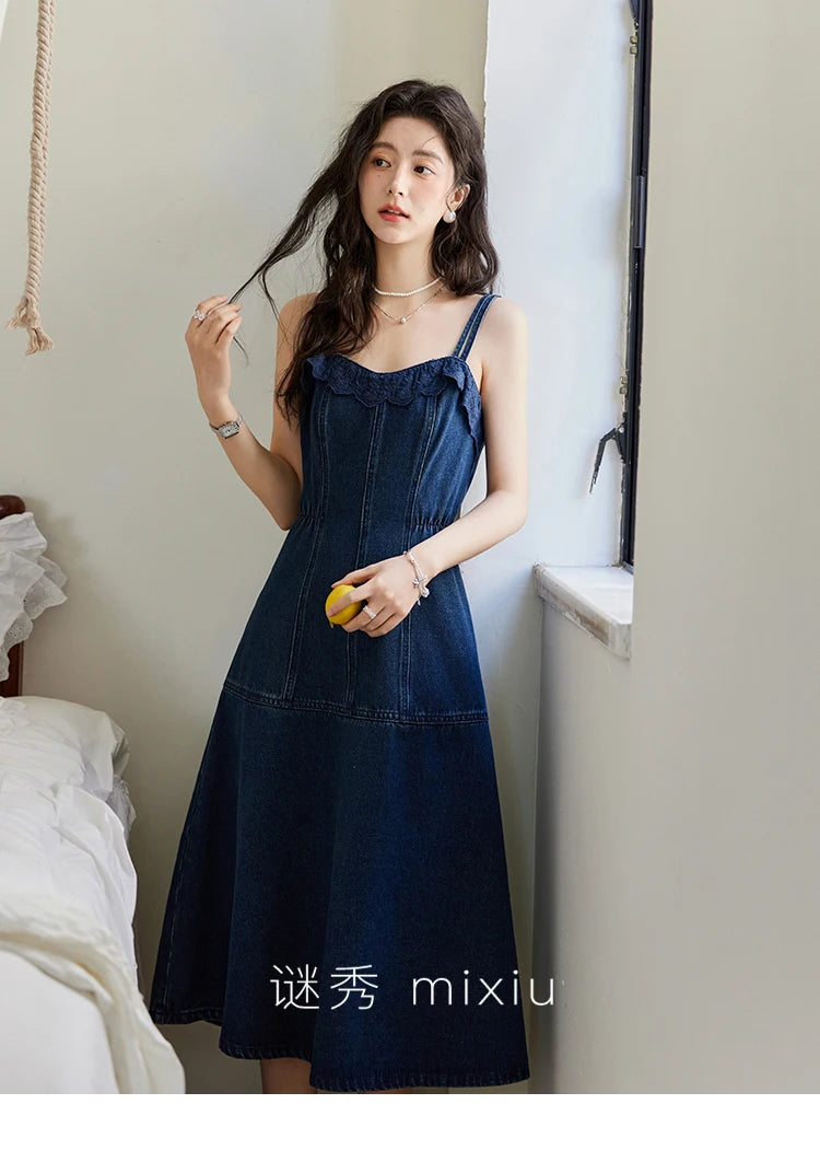 MISHOW Denim Camisole Dress Hollowed Out Cardigan Separately Spring Knitted Cardigan Lace Edge Waist Dress(Not A Set) MXE13L2094