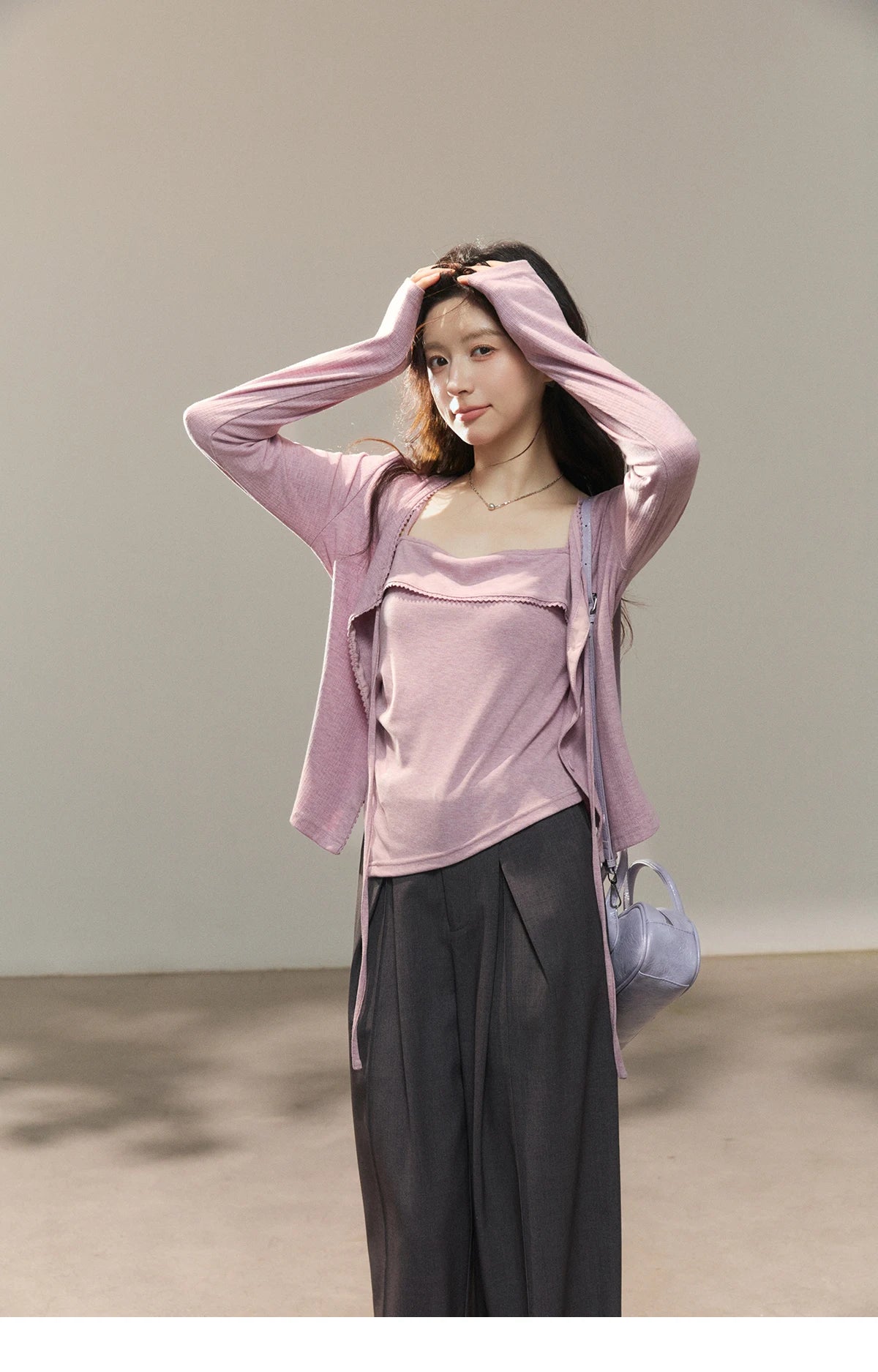 MISHOW Women's Purple Knitted Two-Piece Set 2026 Spring Knitted V-neck Lace-Up Cardigans Camisole Irregular Tops Set MXF13Z2998