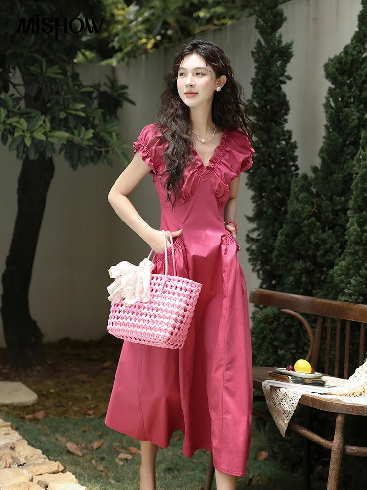 MISHOW Women's 100 Cotton Stringy Selvedge V-Neck Waist Dress 2024 Summer French Symmetric Pocket Mid Length Dresses MXD29L1934