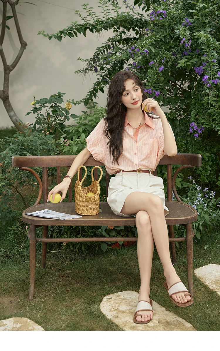 MISHOW Women's Hong Kong Retro Pink Striped Shirt 2024 Summer Short Sleeve Bubble Sleeve Single Breasted Lapel Top MXD28C0250