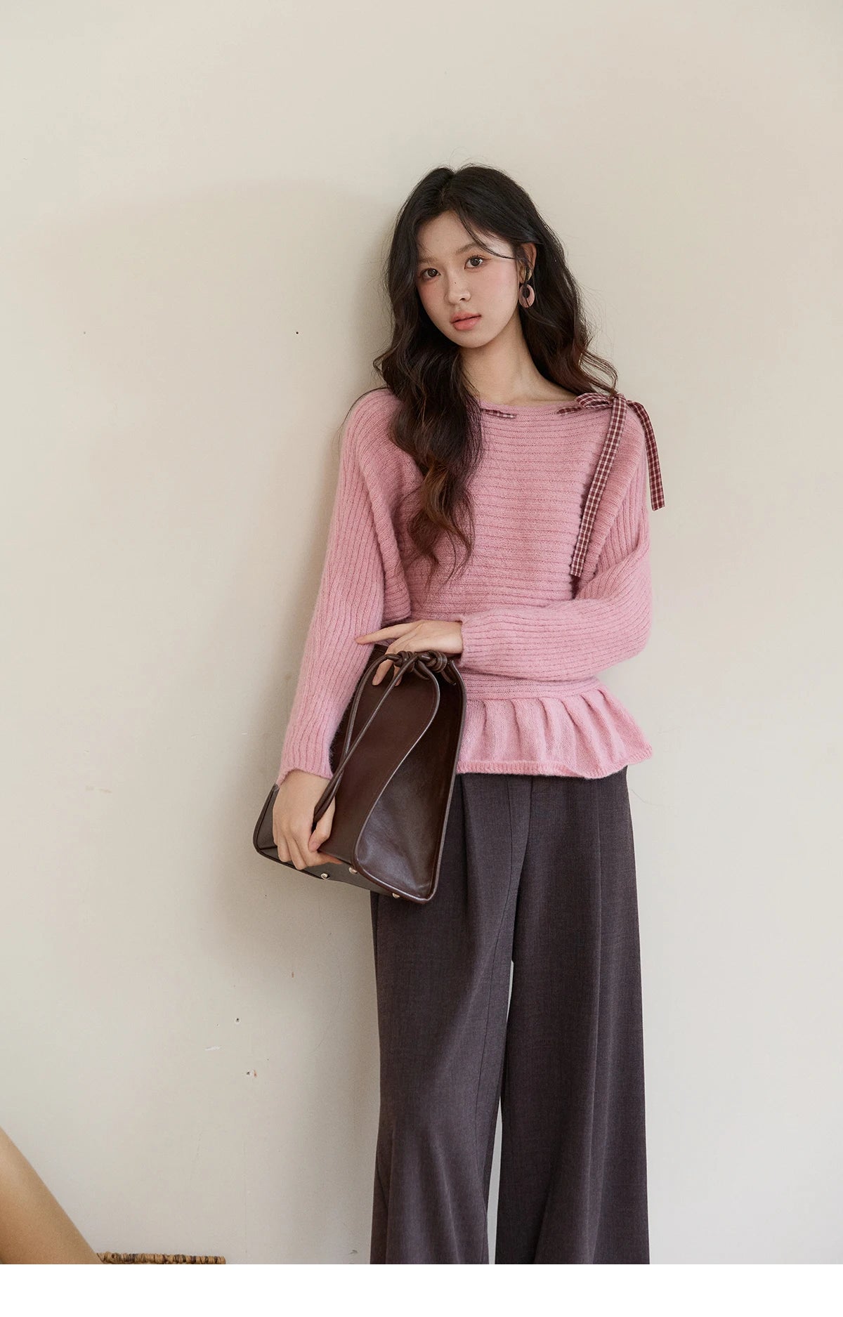 MISHOW Women's Pink Ribbed Knit Sweater 2026 Spring Plaid Bow Decor Peplum Hem Long Sleeve Casual Slim Pullover Tops MXF11Z3016