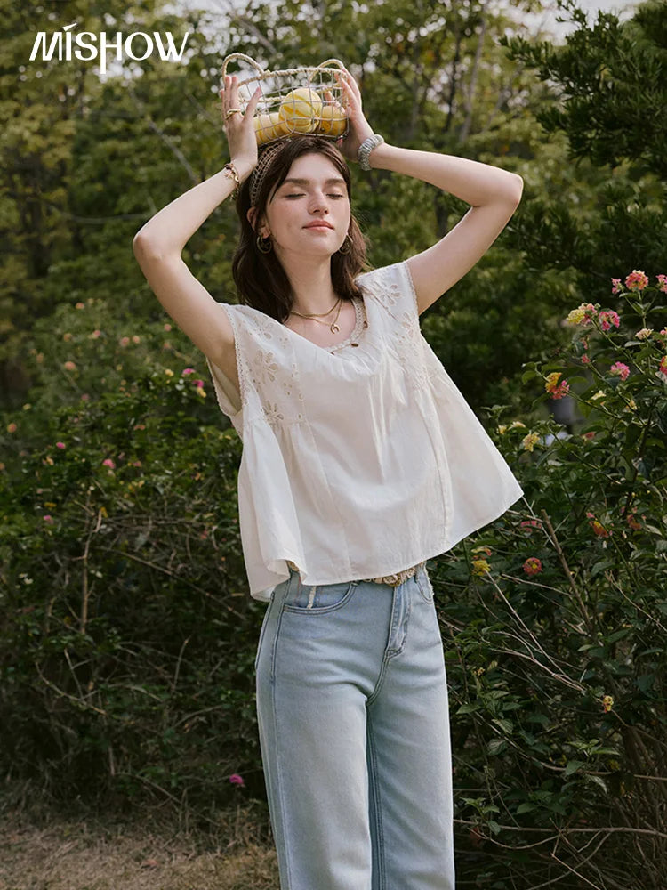 MISHOW French Summer Elegant Blouses Women 2025 Solid Short Flying Sleeve Round Neck Hollow Lace Shirts Woman Fashion MXE33X1778