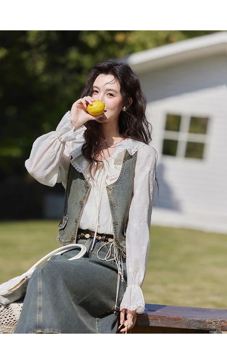 MISHOW Denim Vest Coat Midi Skirt Separately for Women Spring 2025 Korean Retro Washed Cotton Coat Slim A-line Skirt MXE13W0731