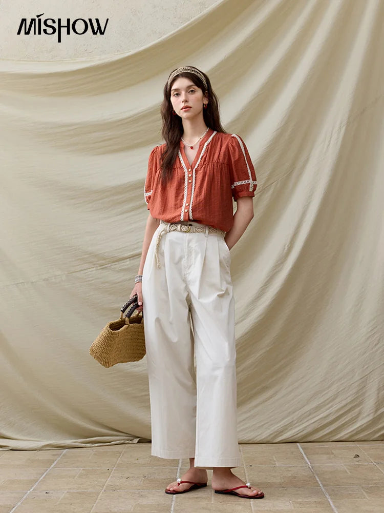 MISHOW French New Blouses Women Summer New 2025 Short Sleeve V-neck Color Matching Shirts Female Fashion Lazy Style MXE31X1766